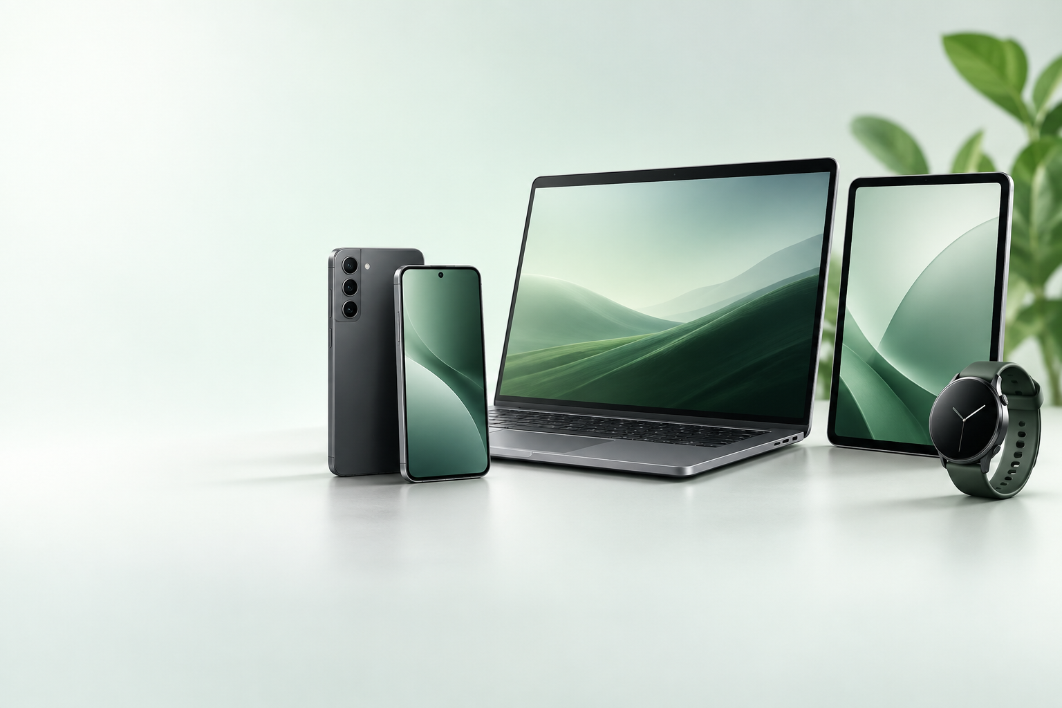 Phones, a laptop, a tablet and a smartwatch